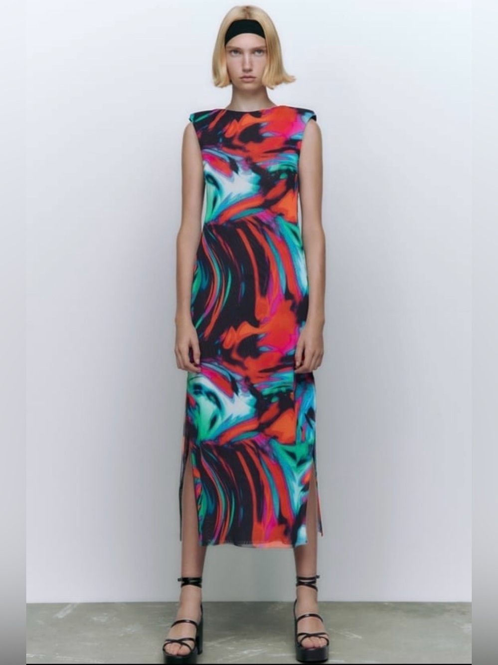 Zara Multicolor Swirl Midi Dress in Red, Teal, Black and Pink